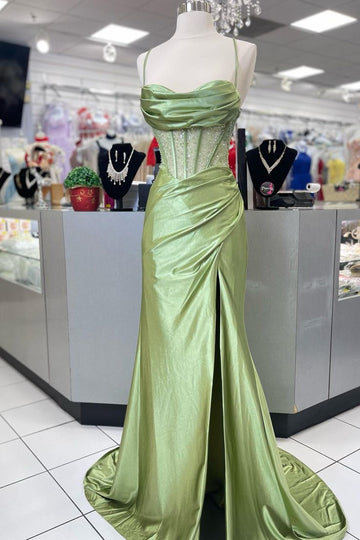 Sage Scoop Neck Satin Mermaid Long Prom Dress with Slit Formal Gown Evening Dress SD2419 HZ0628